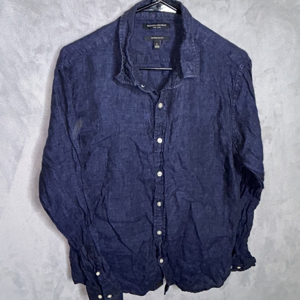 Banana Republic Mens L 100% Linen Slim Fit Denim Blue Button Down Shirt - Picture 3 of 8